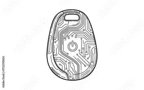 Circuit Board Inspired Key Fob Design technology abstract power button electronic pattern vector illustration icon symbol line art