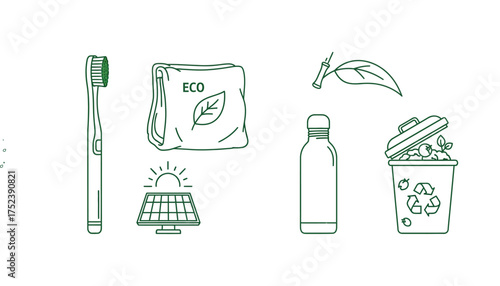 Eco-Friendly Lifestyle Line Art sustainable toothbrush reusable bag solar panel water bottle compost bin zero waste recycling
