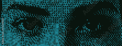 AI Eye Code Graphic. A woman with binary 01 technology and software science for a halftone vision and discovery background..