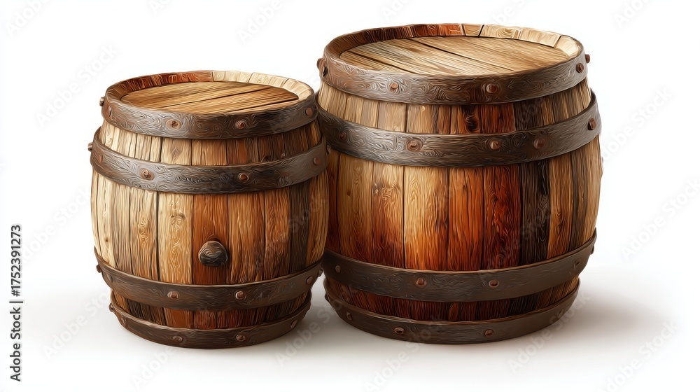 Fototapeta premium Timeless oak casks boasting an antique charm, set against a pristine white backdrop