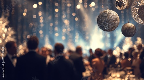 Exclusive Christmas gala. Guests in formal attire. Sparkling ornaments backdrop