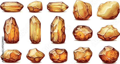 Aesthetic Array of Natural Yellow and Orange Mineral Specimens, Rendered as Detailed Illustrations with Unique Facets and Textures
