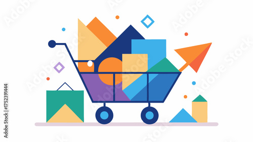 An abstract digital cart overflowing with geometric shapes symbolizing diverse products set against a backdrop of arrows indicating market expansion.