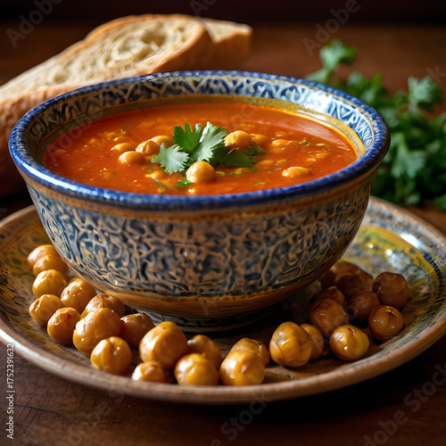 Delicious bowl of chickpea soup with toasted chickpeas and fresh herbs, a culinary delight