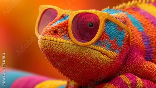 A quirky art piece featuring a full body cool lizard wearing sunglasses, set against a flat color background