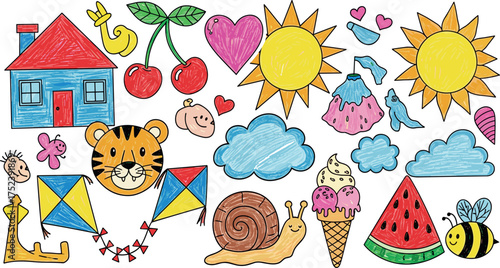 Vibrant collection of playful hand-drawn illustrations, showcasing a charming child-like drawing style, evoking the innocent joy and imaginative spirit of childhood