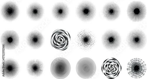 A diverse collection of abstract monochrome circular shapes and textures, including radial bursts, spirals, and gradient patterns for graphic design