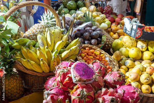 Fresh exotic fruits on display in farmers market in Funchal, Madeira