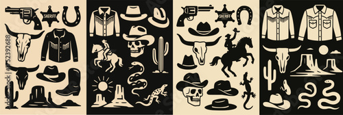 Wild West Icon Set in Vintage Style for Western Themed Design Projects