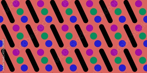 Diagonal Black Stripes and Colorful Polka Dots Wallpaper. Colorful Bars and Circles Seamless Pattern.