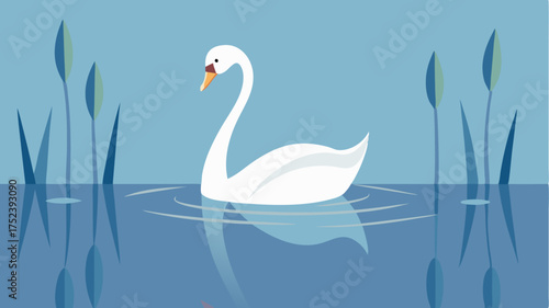 A lone swan gliding on a still lake surrounded by simplified reeds and soft reflections in the water.