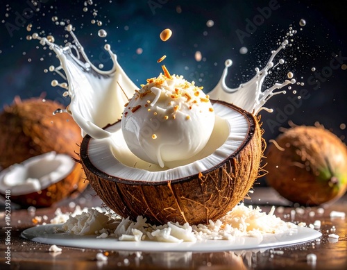 Coconut Cream Delight: A tropical scene unfolds as a scoop of creamy dessert, adorned with a sprinkle of shavings, is nestled within a halved coconut, with a splash of creamy liquid.