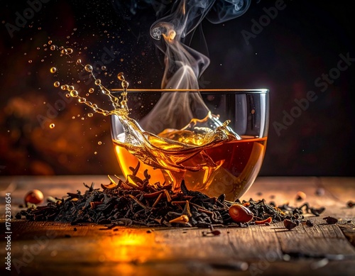 Aromatic Tea Delight: A stunning shot captures the artistry of brewing tea, with a glass cup showcasing golden liquid and the dance of steam against a blurred background.