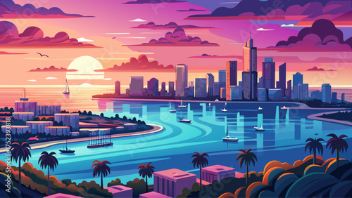 Very beautiful aerial view of Biscayne Bay at sunset, pastel sky reflecting on the water with the Miami skyline silhouetted on the horizon.
