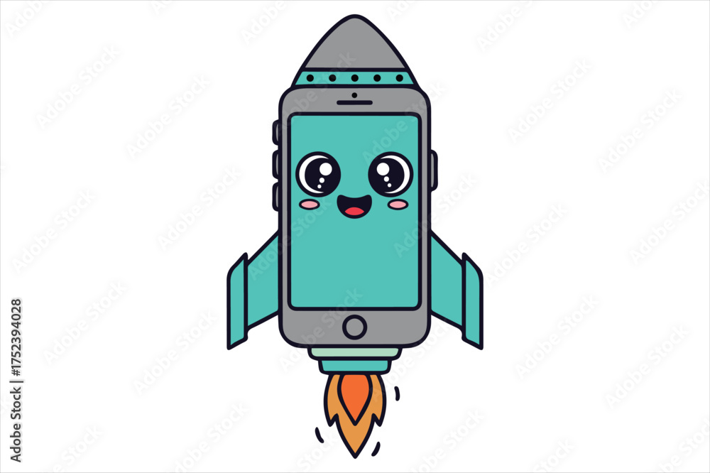 Fototapeta premium Cute smartphone rocket launching into space silhouette a white background