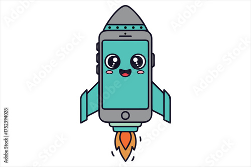 Cute smartphone rocket launching into space silhouette a white background