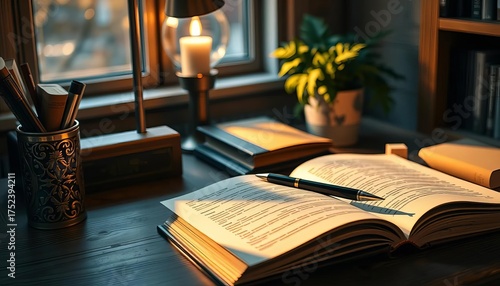 Cozy nook with open book, pen, and warm lighting on wooden desk,  nook,   chair