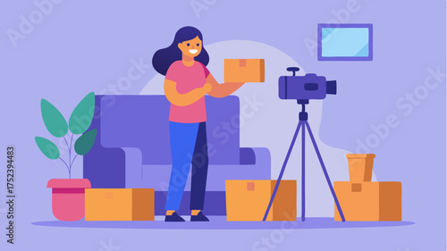 An influencer filming an unboxing video in a cozy home setting with branded products prominently displayed.