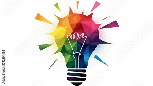 A vibrant and colorful abstract light bulb bursts with creative energy and new ideas radiating outwards in a burst of geometric shapes and bright hues