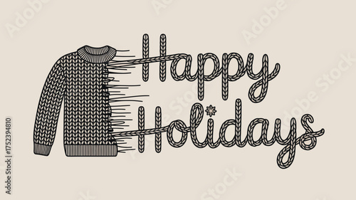 Knitted sweater unraveling into the words happy holidays with a snowflake detail on the letter i