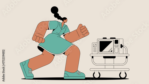 Stylized illustration of a determined nurse in a teal uniform and sneakers running with a medical monitor on a cart