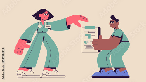 Two diverse medical professionals in teal scrubs collaborate and review patient information on a clipboard in a modern flat illustration style