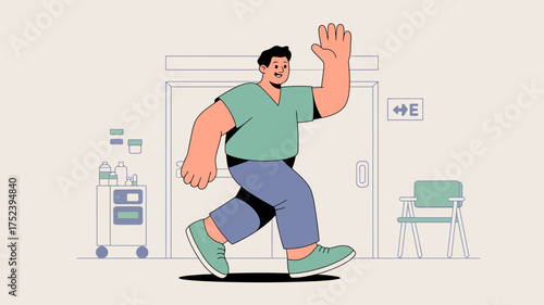 Friendly male doctor or nurse cheerfully waving hello while walking down a hospital corridor with medical equipment and chairs