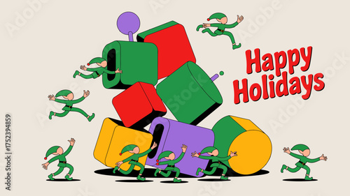 Playful christmas elves in green outfits enthusiastically running around a pile of colorful geometric blocks with happy holidays text
