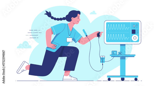 A determined nurse in scrubs running with a medical device actively monitoring vital signs on a digital screen during a busy shift