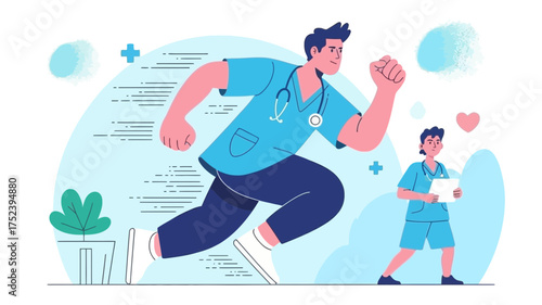 Energetic doctor and nurse running forward with stethoscopes and medical symbols representing speed and dedication in healthcare services
