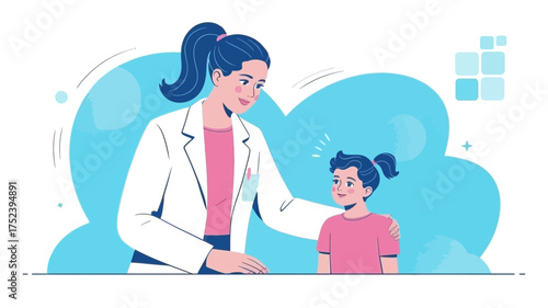 Caring female doctor in white coat gently reassuring a young girl with pigtails in a friendly and supportive healthcare setting illustration