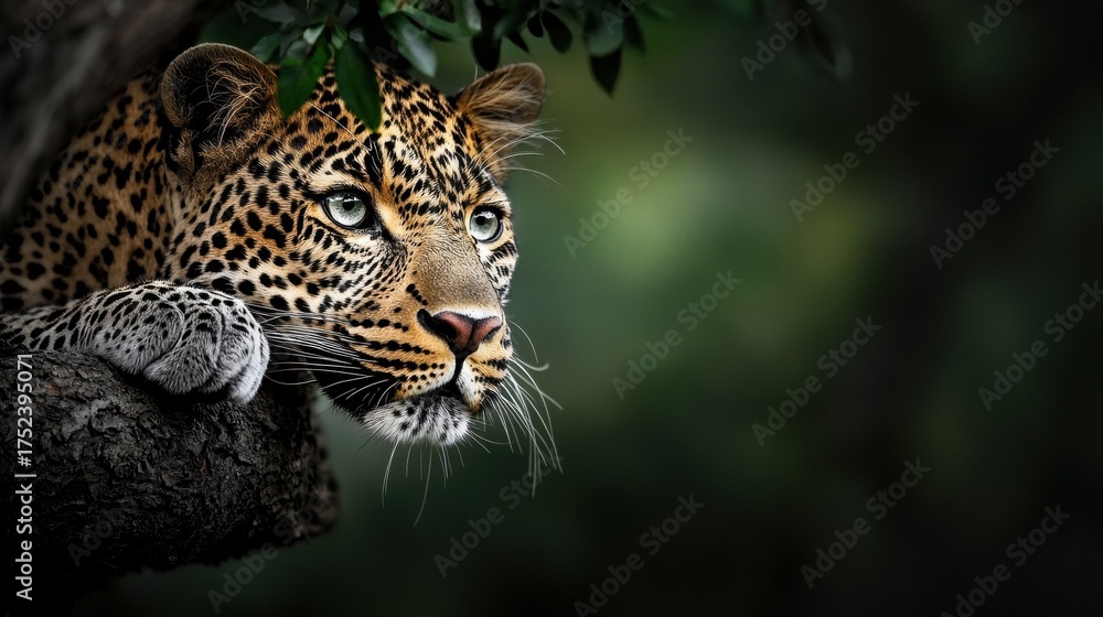 Fototapeta premium Close-up portrait of a leopard resting on a tree branch. the leopard is lying down with its head resting on the branch and its body stretched out to the side.