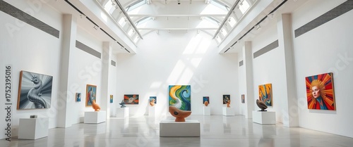High ceilings, pristine white walls, modern art displayed on minimalist pedestals,  white walls,  art gallery © Surangkanang