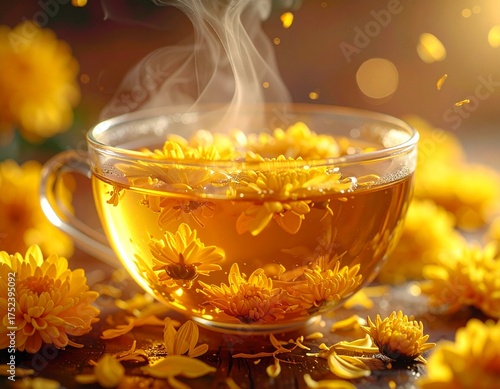 Chrysanthemum Tea: Aromatic chrysanthemum tea, infused with vibrant yellow flowers, steams invitingly in a clear glass, surrounded by scattered petals and a warm, natural ambiance.