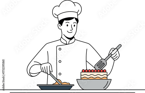 Vector art of cheerful baker preparing a delicious cake with berries