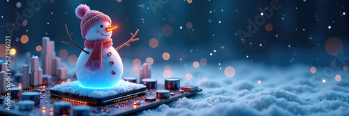 Snowman on motherboard surrounded by glowing circuits and auroras in winter landscape. Snowman stands on circuit board in a whimsical snowy scene. Ideal for Christmas or New Year themed decorations.