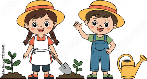 Vector art of two kids planting trees in the garden with watering can