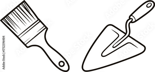Black and white line drawing of a paintbrush and trowel tool