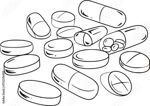 Black and white line drawing of assorted pills and capsules medicine healthcare