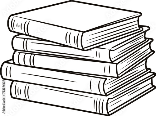 Stack of hardback books in black and white line art reading literature