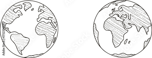 Two globes continents sketched earth drawing