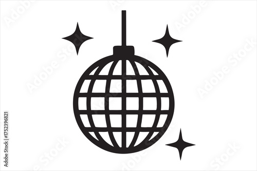 Disco ball with sparkling stars celebration icon silhouette a white background