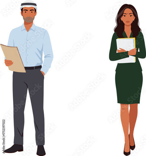 Business professionals, Middle Eastern man, corporate woman, office attire, cultural diversity, teamwork, formal clothing, workplace, international business, professional meeting