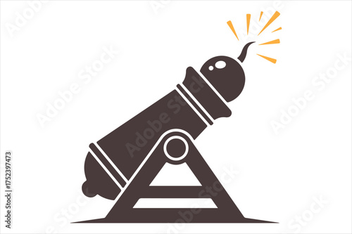 Cannon firing explosive projectile ready for action silhouette a white background