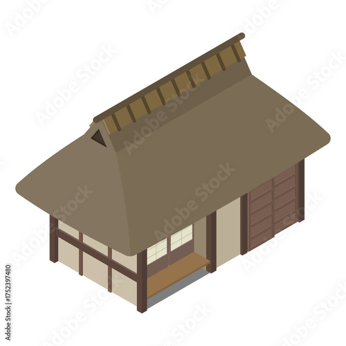 アイソメトリックイラスト：茅葺き屋根の日本家屋