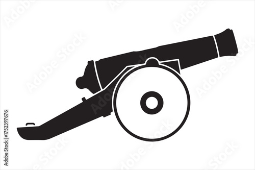 Silhouette of an old cannon on wheels silhouette a white background