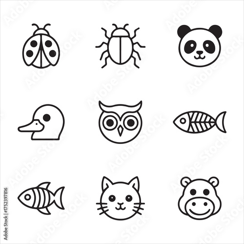 Cute animal icons in simple outline style silhouette a white background