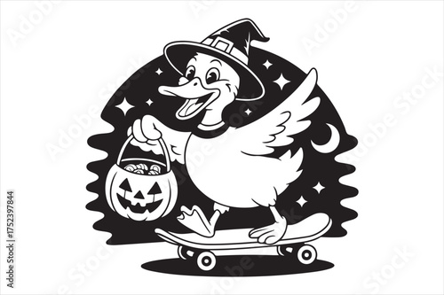 Halloween duck rides skateboard trick-or-treating silhouette a white background