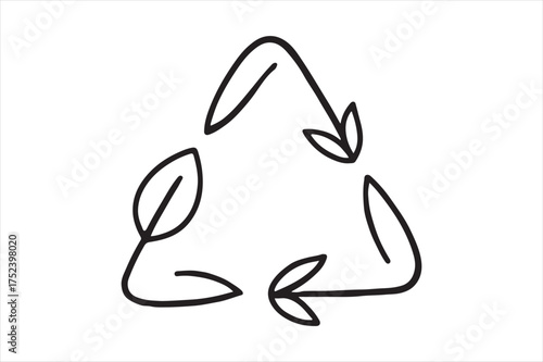 Hand drawn recycle symbol with leaves icon silhouette a white background