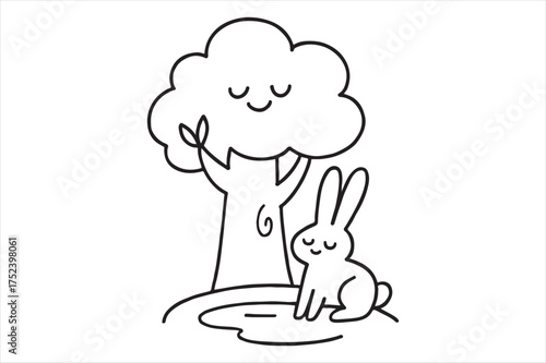 Cute bunny and tree outline drawing silhouette a white background